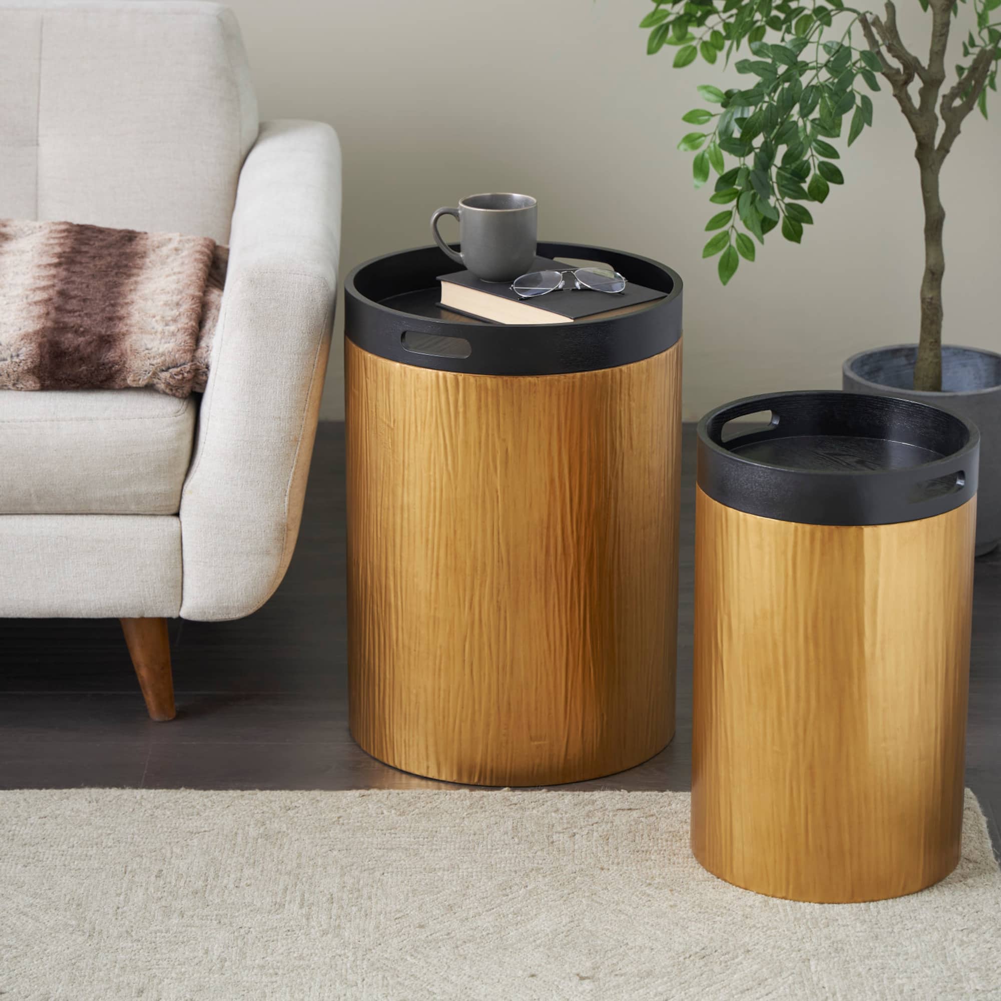 Gold Metal Nesting Accent Table with Black Tray Tabletop Set